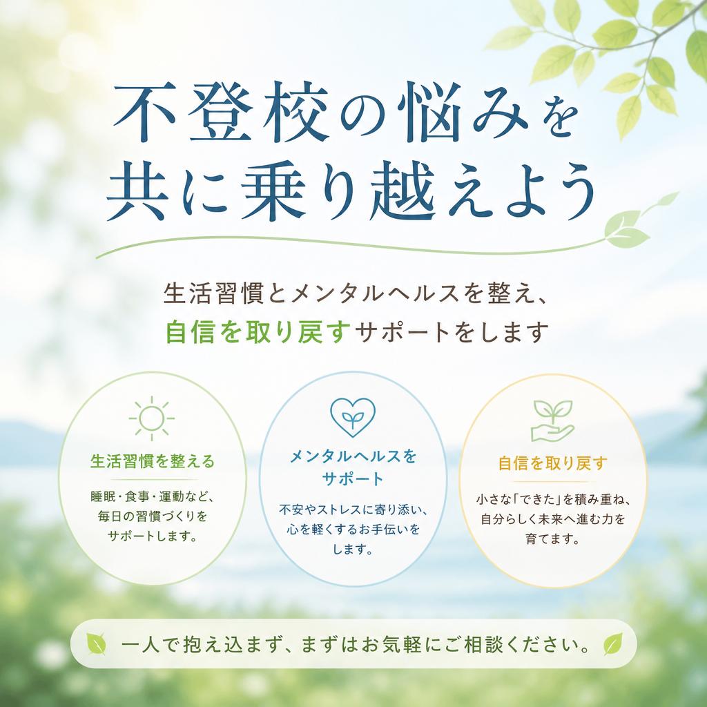 不登校の悩みを共に乗り越えよう
生活習慣とメンタルヘルスを整え、自信を取り戻すサポートをします